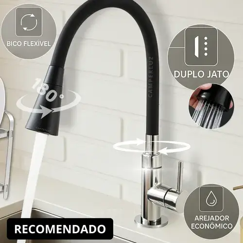 Torneira Gourmet Luxo Flexível Cozinha Bancada 2 Jatos Preto Camperluz