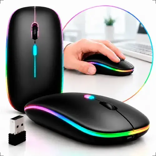 Mouse Sem Fio Recarregável Óptico LED RGB Ergonômico Preto